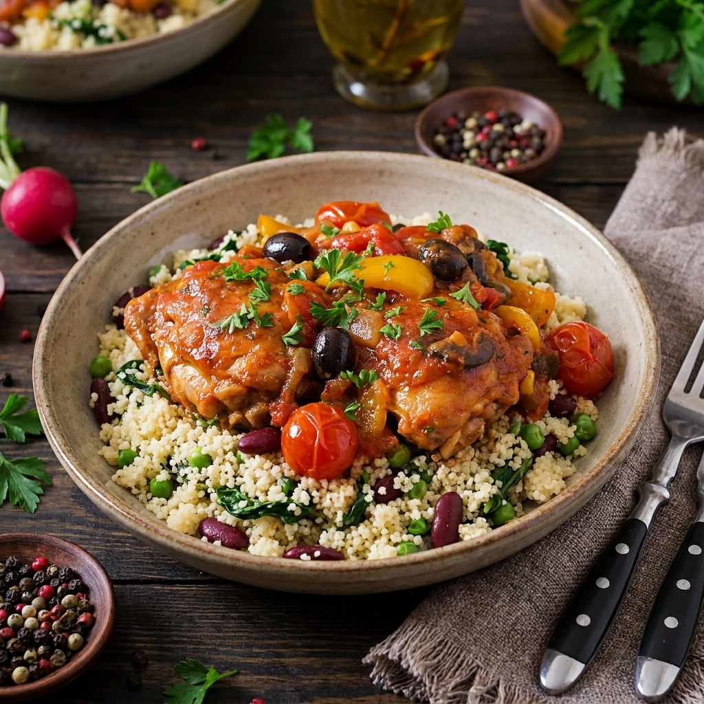 Italian Chicken Cacciatore W/ Sauteed Greens And Kidney Beans Couscous