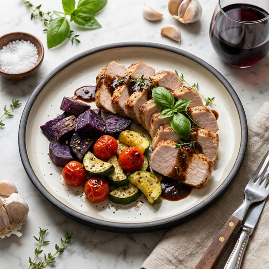Grilled Pork Loin w/ Balsamic Onion Sauce, Seasonal Vegetables And Garlic Thyme Sweet Potatoes