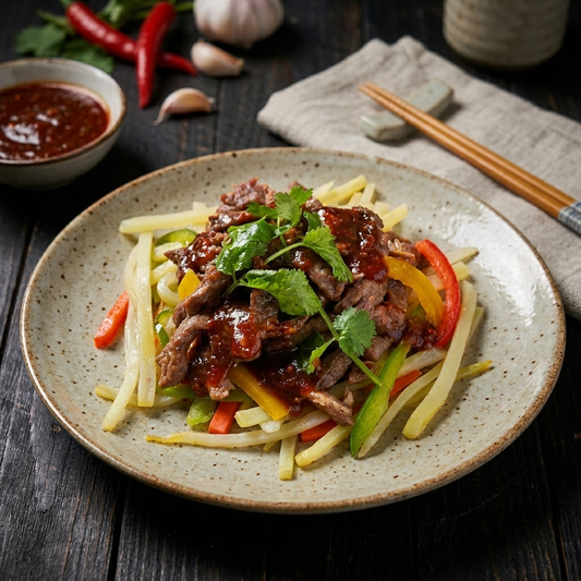 Cilantro Chilli Beef W/ Stir Fried Vegetables And Sliced Potatoes