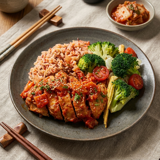 Korean Style Baked Chicken Breast W/ Seasonal Greens And Korean Rice