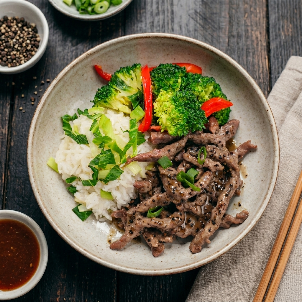 Black Pepper Beef Rump W/ Chinese Greens And Shanghai Vegetable Rice