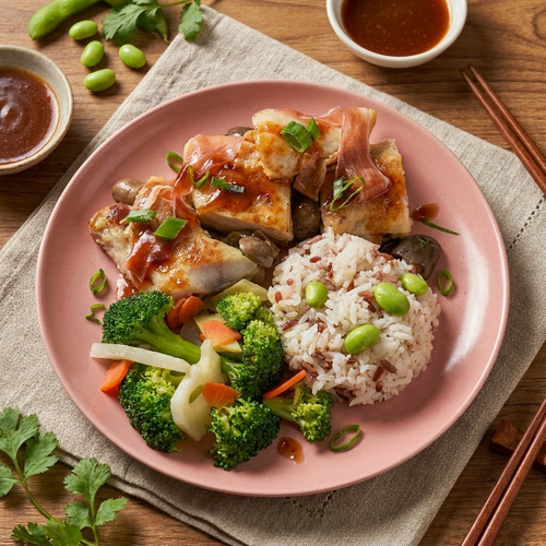 Parma Ham Braise Fish Fillet W/ Chinese Greens And Edamame Mix Grains