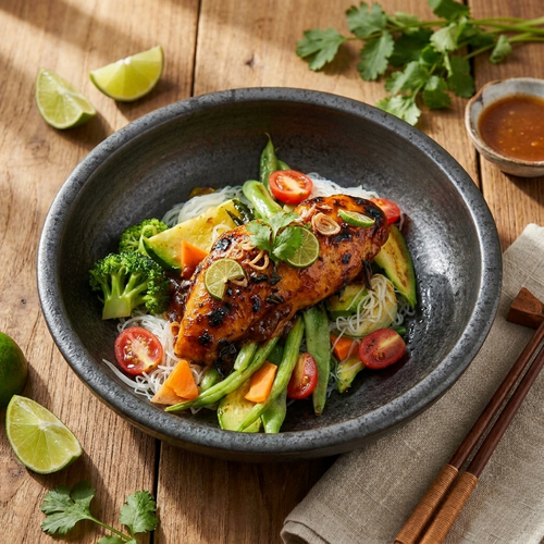Balinese Grilled Fish W/ Lime, Seasonal Greens And Rice Noodle