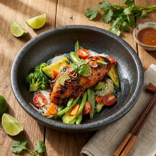 Balinese Grilled Fish W/ Lime, Seasonal Greens And Rice Noodle
