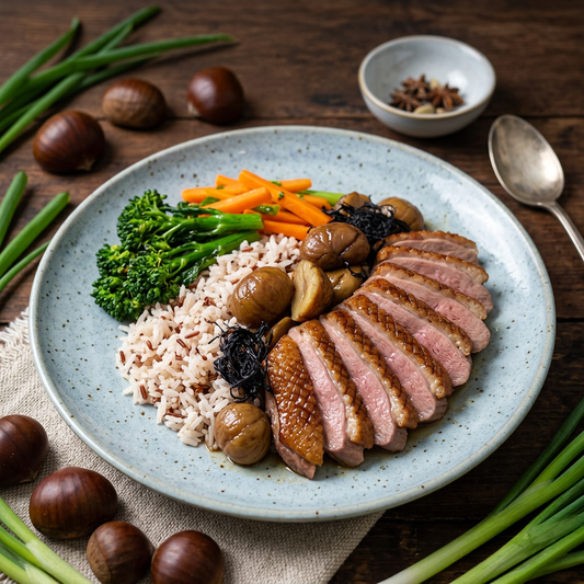 Braised Duck Breast W/ Chestnut And Fat Choy, Seasonal Vegetables And Mix Grain Rice