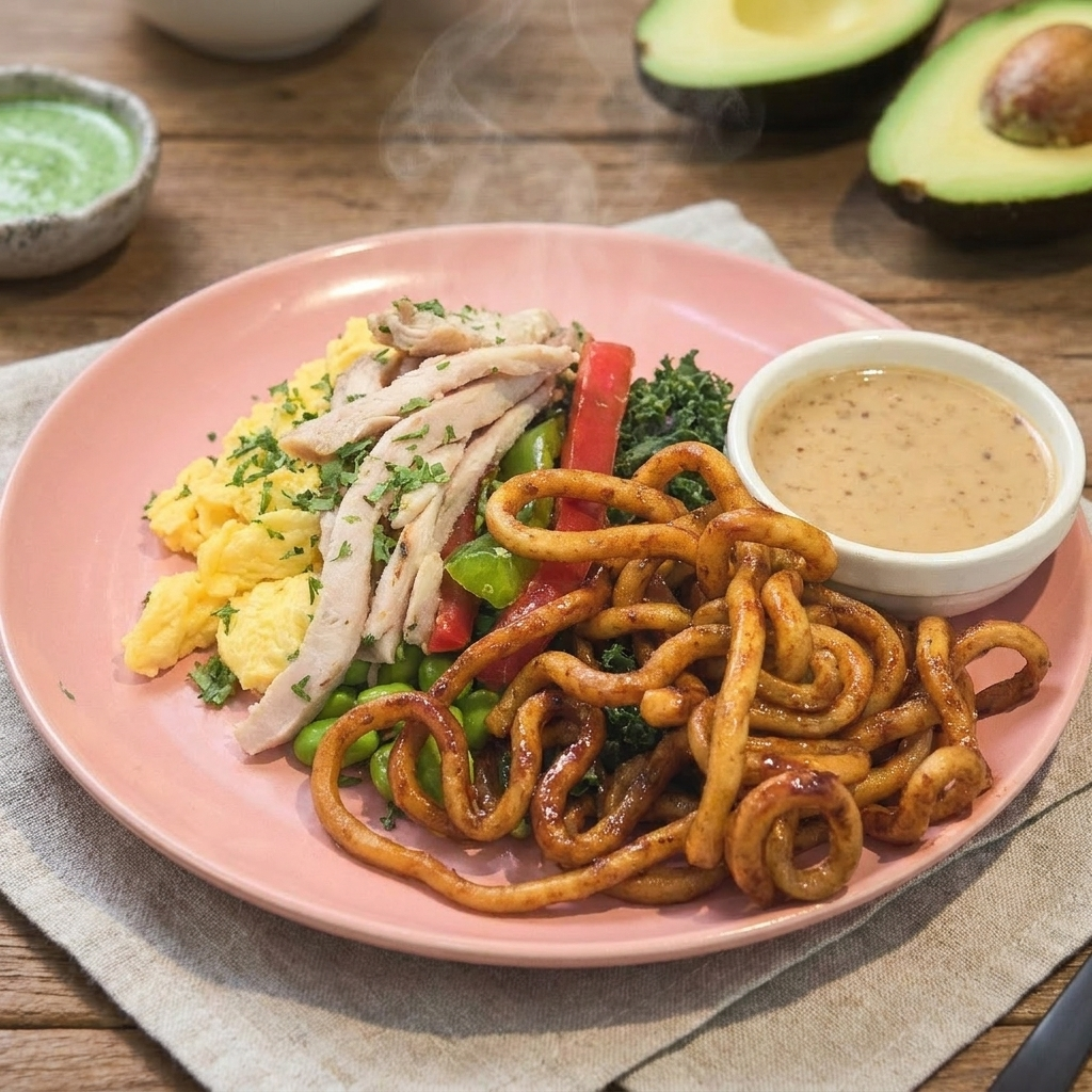 Japanese Style Egg and Lean Pork Udon Breakfast w/ Sesame Dressing