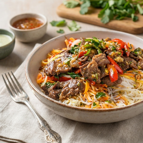 Saigon Shaking Beef W/ Stir Fry Vegetables And Rice Noodles