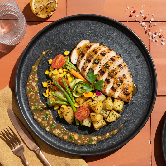 Macanese Style Chicken Breast W/ Seasonal Vegetables And Mix Herbs Baked Potato