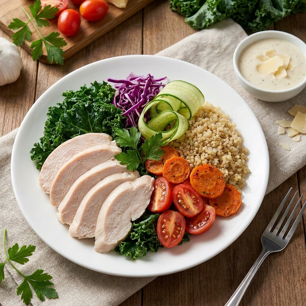 Chicken Kale Quinoa Salad w/ Low-fat Caesar Dressing