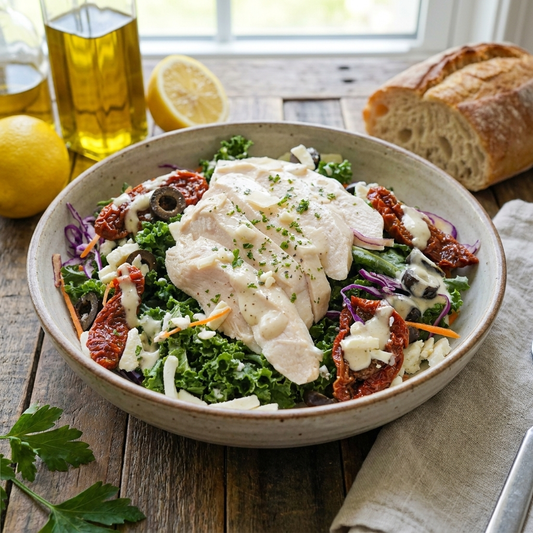 Mediterranean Style Caesar Chicken Kale Salad