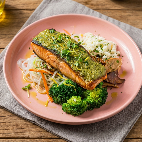 Grilled Salmon Fillet w/ Pesto & Konjac Zoodles