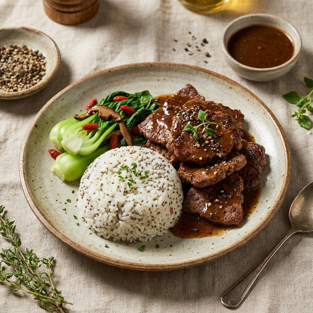 Black pepper Beef w/ Chia Seeds Rice
