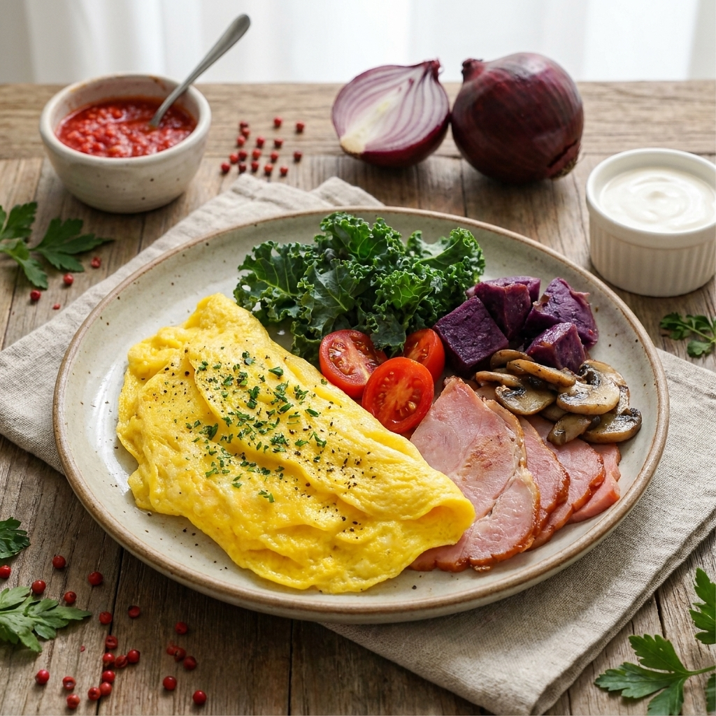 Ham & Mushroom Omelet w/ Sweet Potato