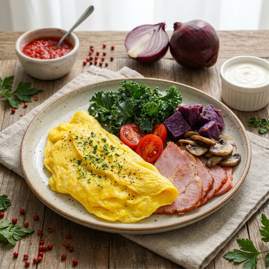 Ham & Mushroom Omelet w/ Sweet Potato