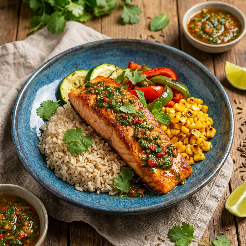 Salmon Fillet w/ Brown Rice & Chermoula Sauce