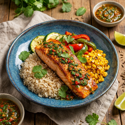 Salmon Fillet w/ Brown Rice & Chermoula Sauce