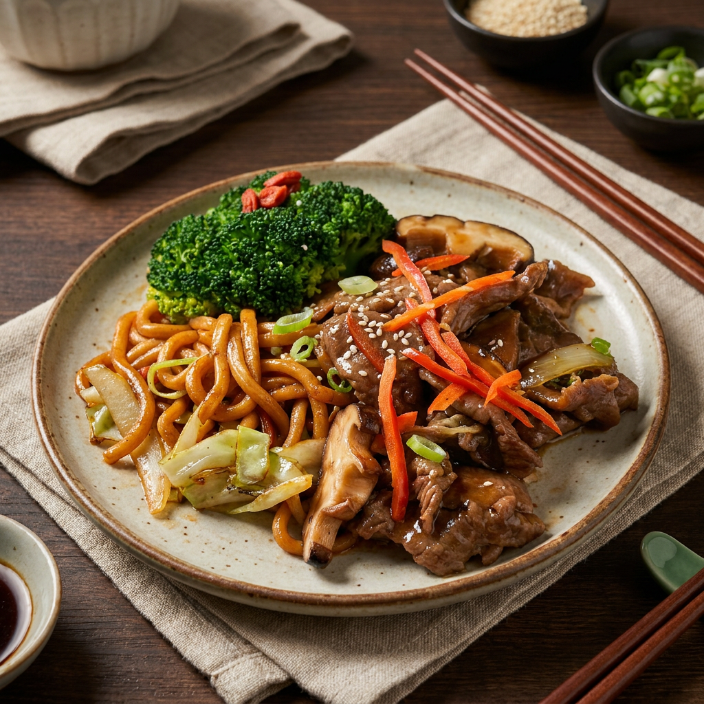 Healthy Beef Stirfry W/ Mushroom, Seasonal Vegetables And Shanghai Noodles