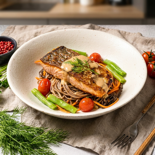 Grilled Bang Bang Salmon w/ Asian Vegetables, Soba Noodles And Low-Fat Sesame Sauce