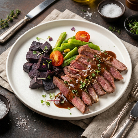 Grilled Rib-Eye Steak W/ Sautee Vegetables, Sweet Potato And Bordelaise Sauce