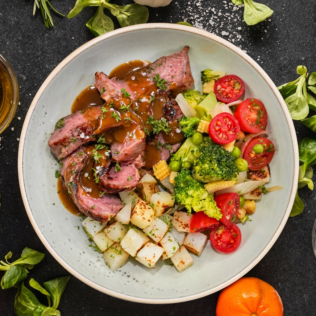 Grilled Ribeye W/ Seasonal Vegetables, Roast Potatoes And Dianne Sauce
