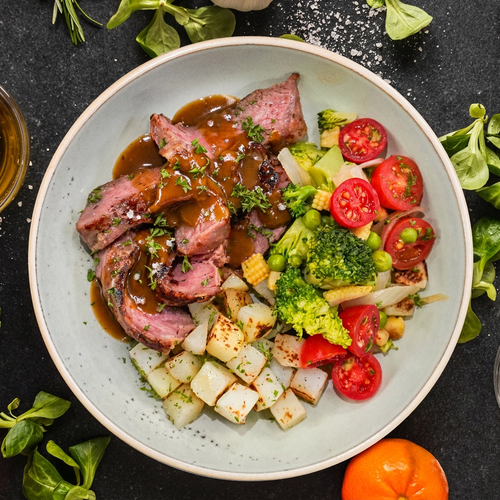 Grilled Ribeye W/ Seasonal Vegetables, Roast Potatoes And Dianne Sauce