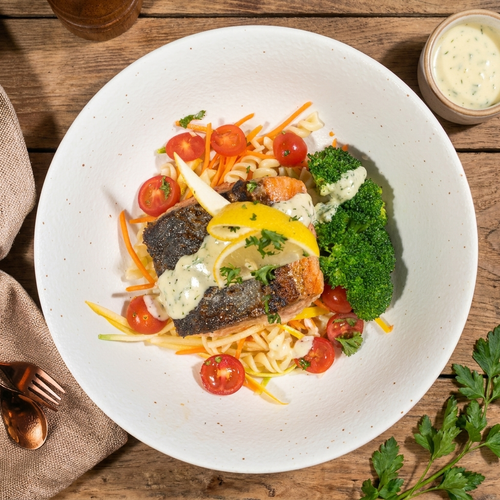 Cajun Grilled Salmon W/ Steamed Greens, Low-Fat Fusilli Pasta Salad And Lemon Dill Sauce