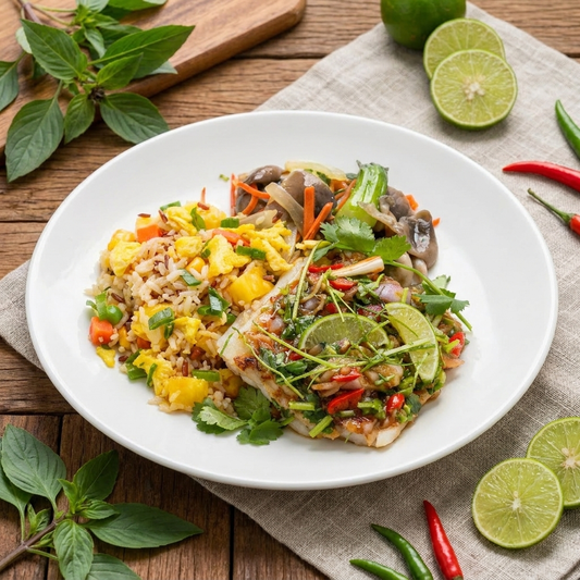 Thai Style Chilli Lime Fish Fillet W/ Mix Vegetables And Healthy Pineapple Fried Rice