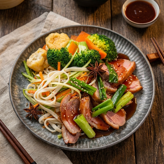 Braised Duck Breast W/ Plum Sauce, Seasonal Greens And Chinese Noodles