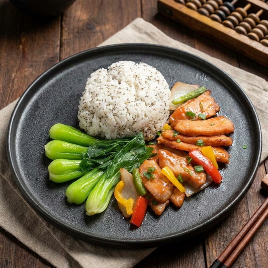 Sweet N Sour Pork Loin W/ Seasonal Vegetables And Chia Seeds Mix Grain Rice