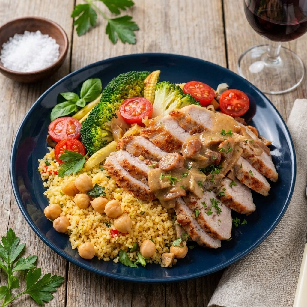 Italian Grilled Pork Loin w/ Chickpeas Mix Cous Cous And Mushroom Garlic Sauce
