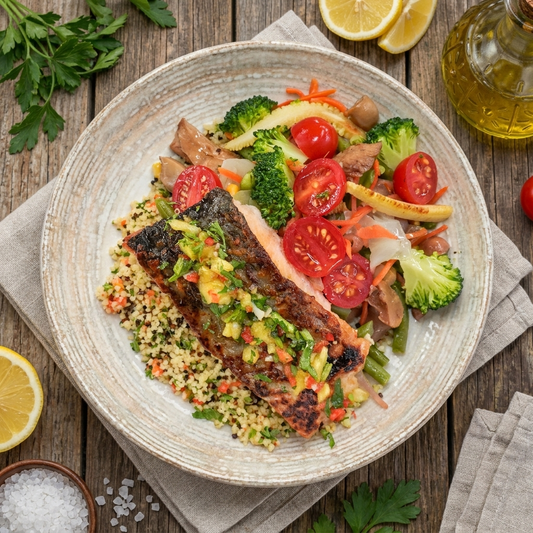 Grilled Salmon W/ Steamed Greens, Quinoa Cous Cous And Citrus Salsa Verde