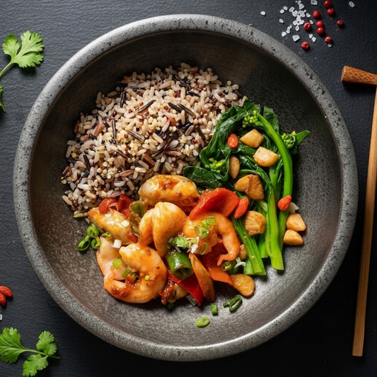 Mix Seafood W/ Sa Cha Sauce, Seasonal Vegetables And Mix Grain