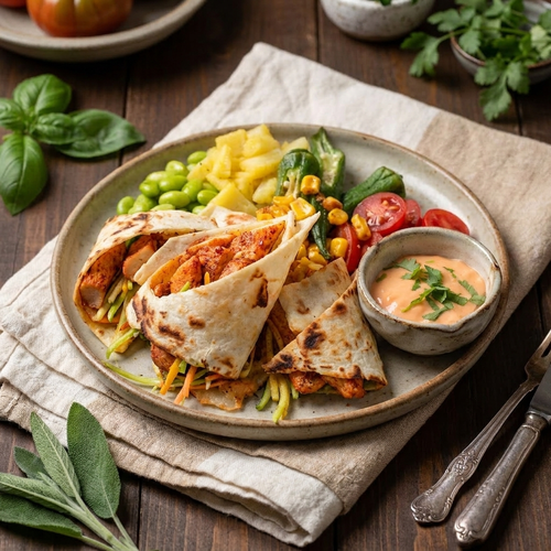 Grilled Chicken Tortilla Wrap W/ Mix Greens And Low Fat Sriracha Mayonnaise
