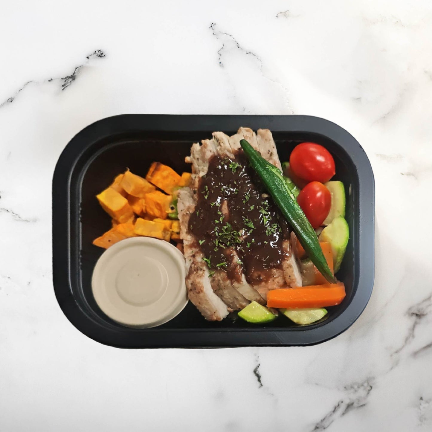 B. Balsamic Onion Pork Loin with Sweet Potato