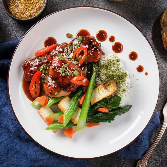 Japanese Teriyaki Chicken W/ Seasonal Vegetables And Seaweed Pearl Rice