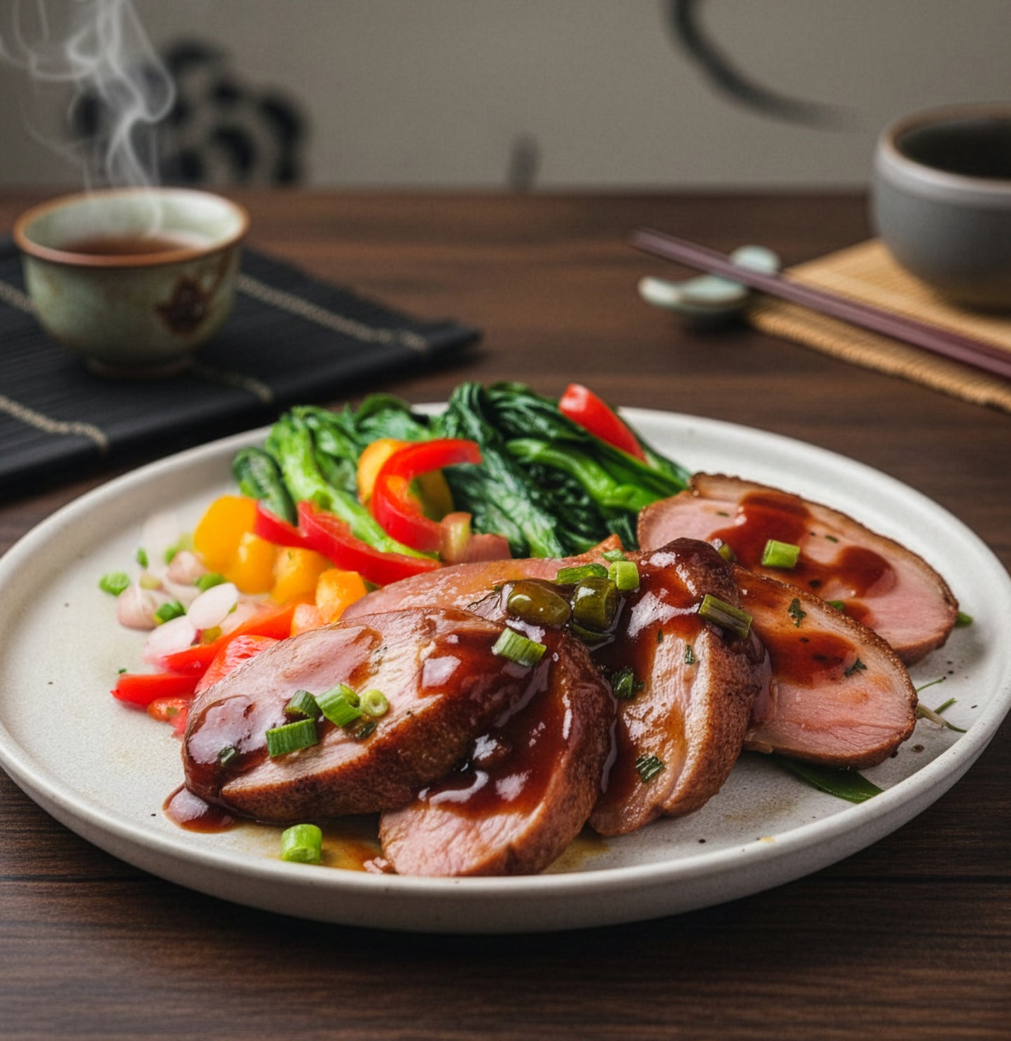 Ground Chilli Bean Sauce Marinated Duck Breast W/ Seasonal Vegetables
