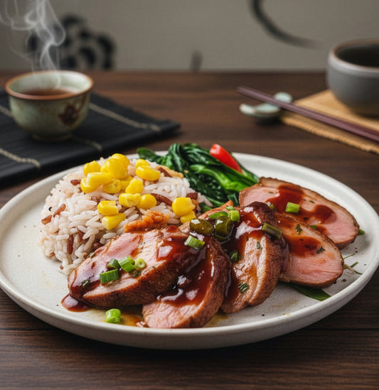 辣椒豆醬鴨胸配季節蔬菜和玉米什錦飯