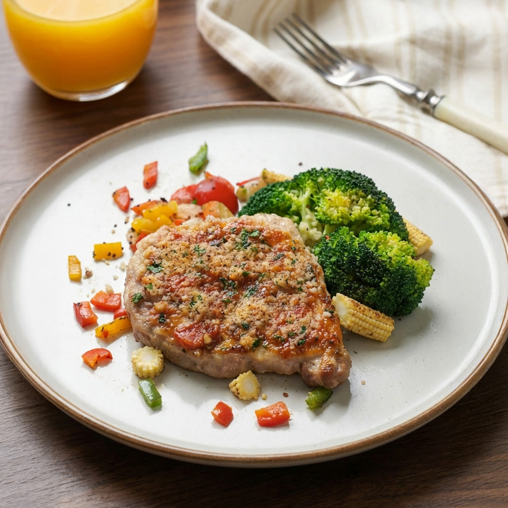 Oven Baked Pork Loin Milanese Served W/ Roast Vegetables