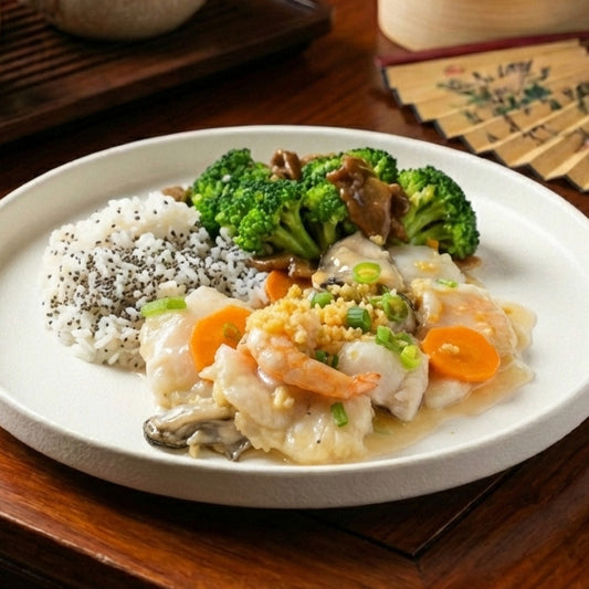 Sautee Ginger And Scallion Seafood W/ Asian Greens And Quinoa Rice