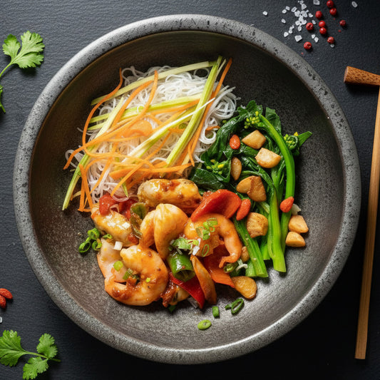 Mix Seafood W/ Sa Cha Sauce, Seasonal Vegetables And Healthy Fried Noodles