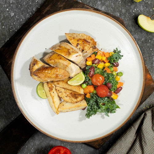 Grilled Garlic Lemon Thyme Spring Chicken W/ Seasonal Greens And Warm English Potato Salad