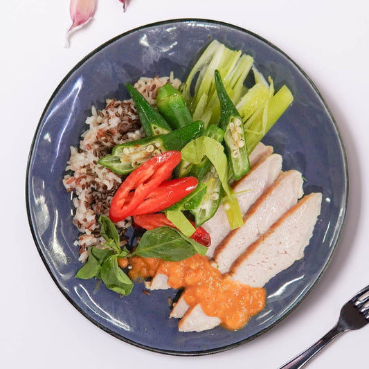 Thai Pork Loin W/ Asian Greens And Flax Seeds Mix Grain Rice