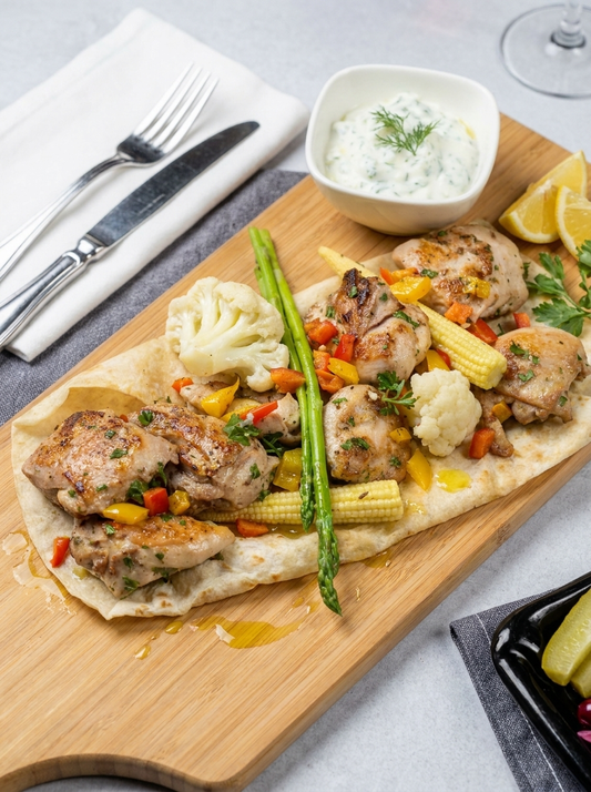 Chicken Souvlaki W/ Seasonal Vegetables, Low-Fat Tzatziki Dressing And Tortilla Bread