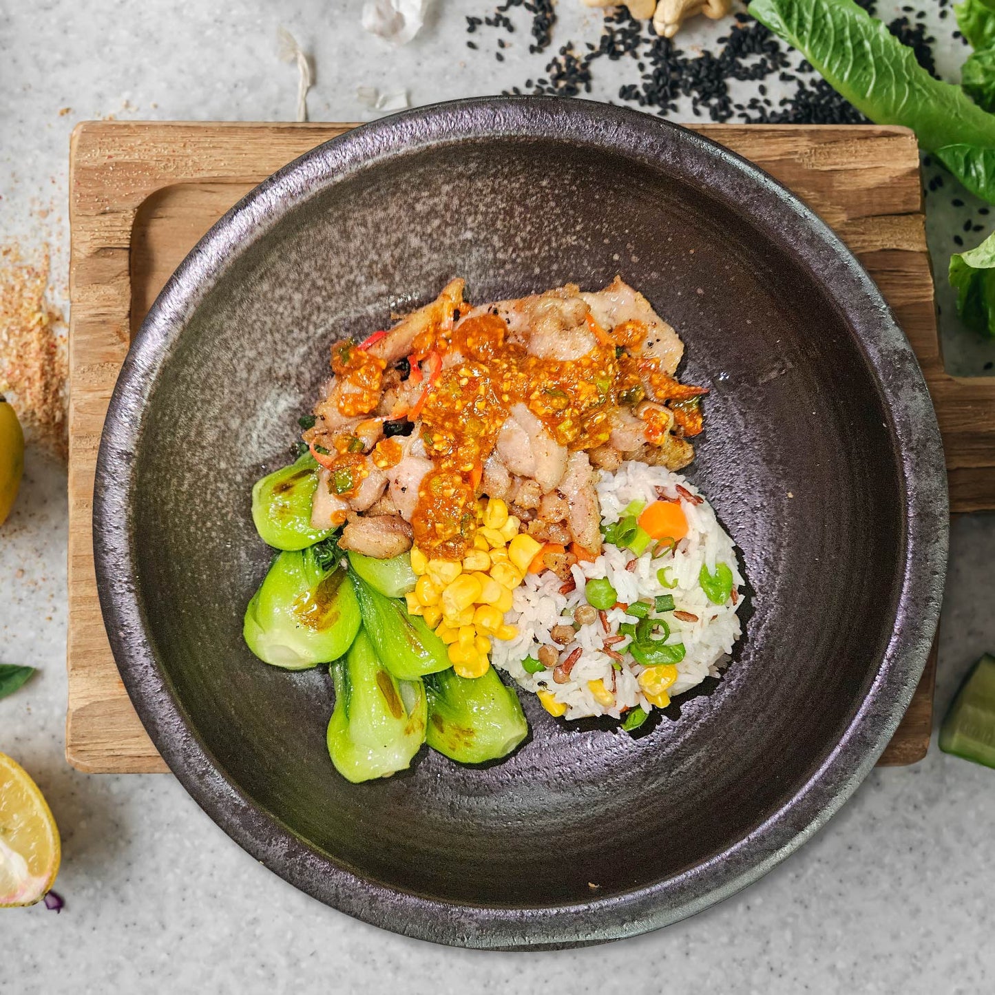 B. Indonesian Nasi Goreng Chicken W/ Sautee Vegetables And Healthy Fried Rice
