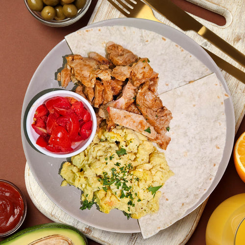 Mexican-Style Scrambled Eggs W/ Pulled Pork Wrap And Tomato Salsa