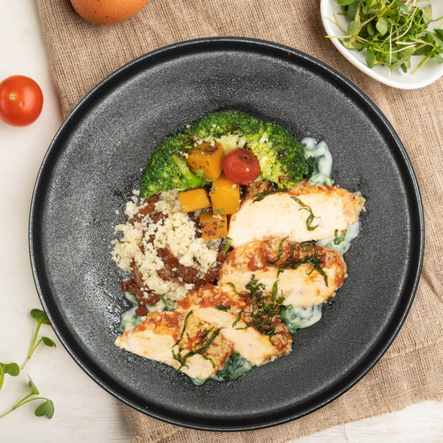 Slow Cooked Tuscan Style Chicken Breast W/ Roast Vegetables And Pumpkin Couscous
