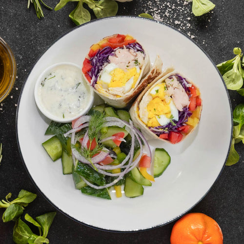 Breakfast Chicken Wrap W/ Greek Salad And Tsatziki Sauce