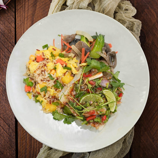 Thai Style Lime Fish Fillet W/ Mix Vegetables And Healthy Pineapple Fried Rice