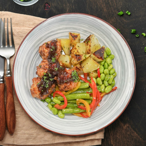 Italian Meatballs W/ Mix Herb Potato And Red Wine Balsamic Reduction