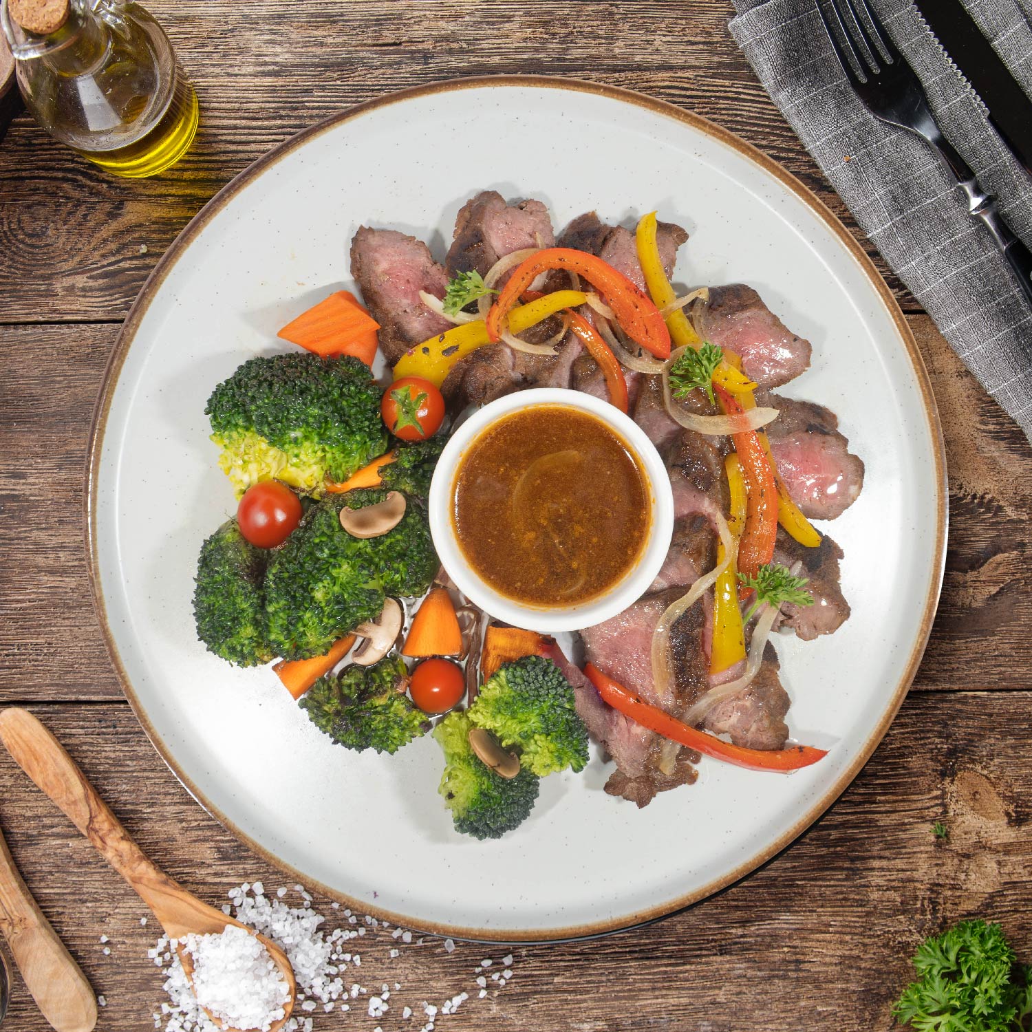 Grass Fed Ribeye Steak W/ Sauteed Vegetables And Peppercorn Sauce ...